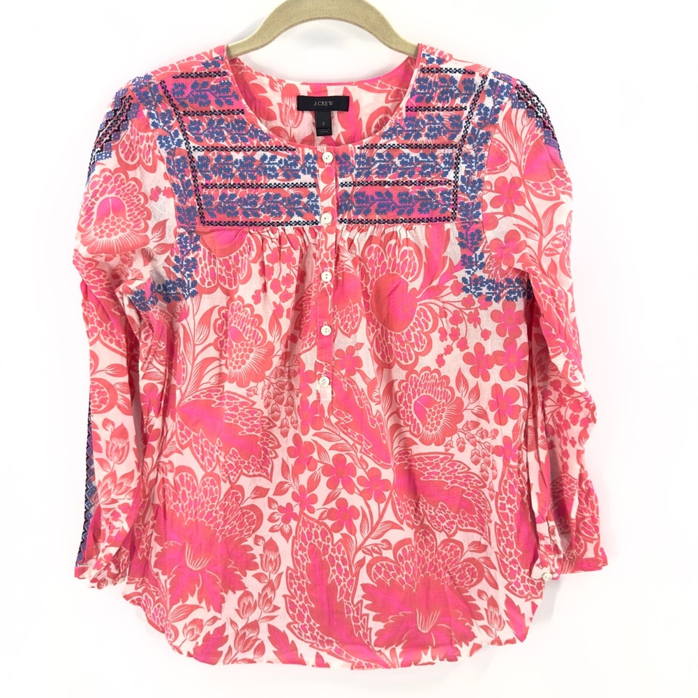 J Crew Floral Embroidered Blouse Top Womens Size 2 Tropical Peasant Boho Cotton - Picture 2 of 13